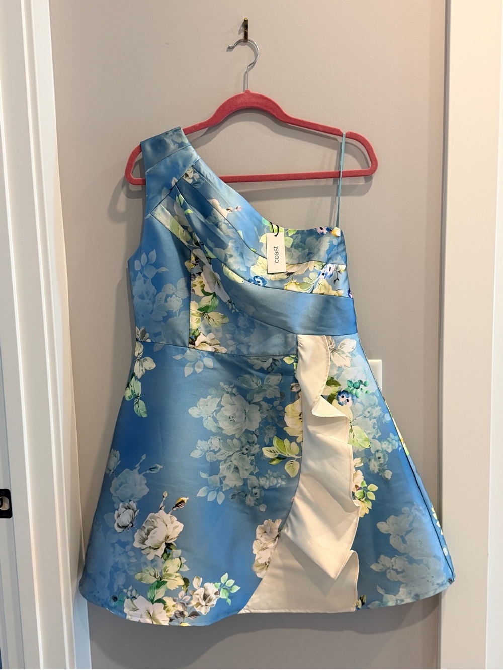 Coastal Blue Sky Blue Floral One-Shoulder Mini Dress with Ivory Ruffle
